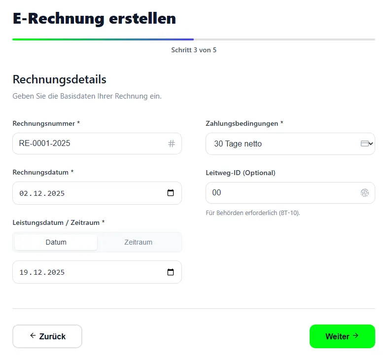 Rechnungseditor von kostenlose-erechnung.de mit Absender, Empfänger und Positionen