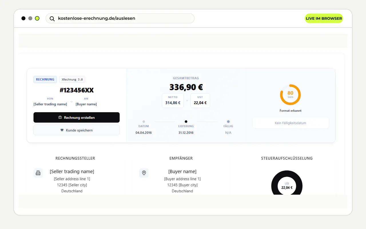 Echter Ergebnis-Screenshot des E-Rechnungs-Prüfers mit erkannter XRechnung und Rechnungsdaten