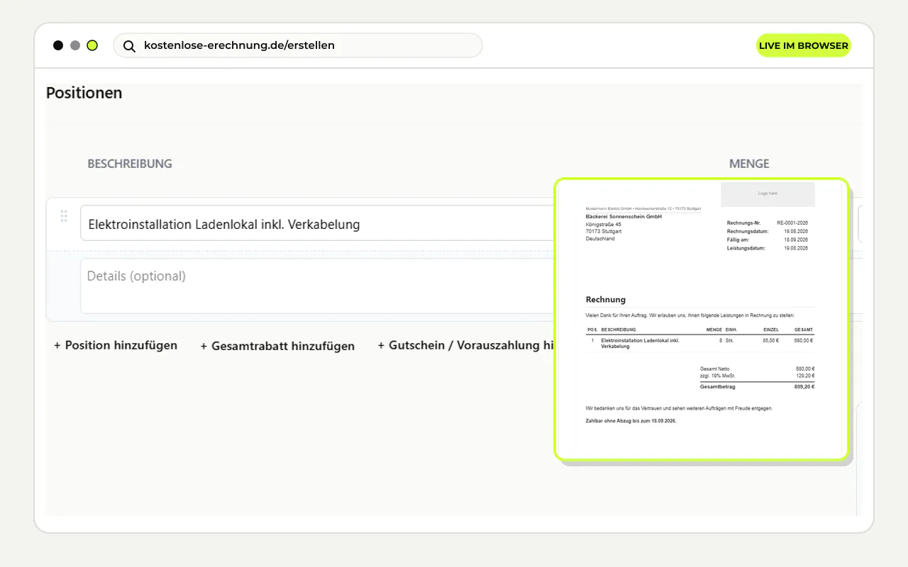 Echter Screenshot des Rechnungseditors mit ausgefüllter Position, Summen und fertiger Rechnungsvorschau