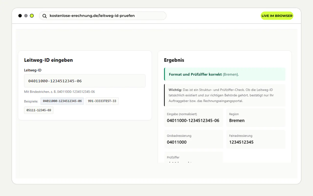 Echter Screenshot des Leitweg-ID-Prüfers mit korrekter Prüfziffer und aufgeschlüsselter ID