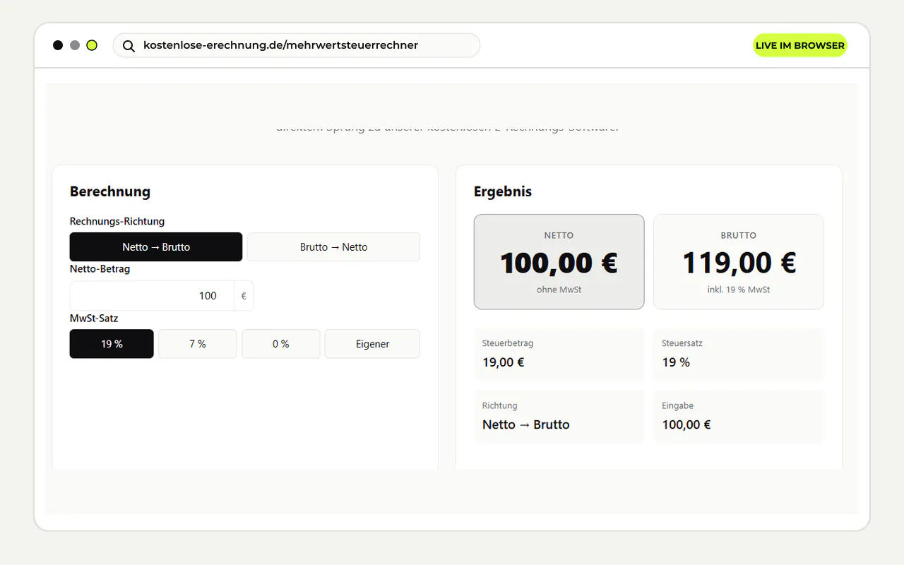 Echter Screenshot des Mehrwertsteuerrechners mit Netto-, Brutto- und Steuerbetrag