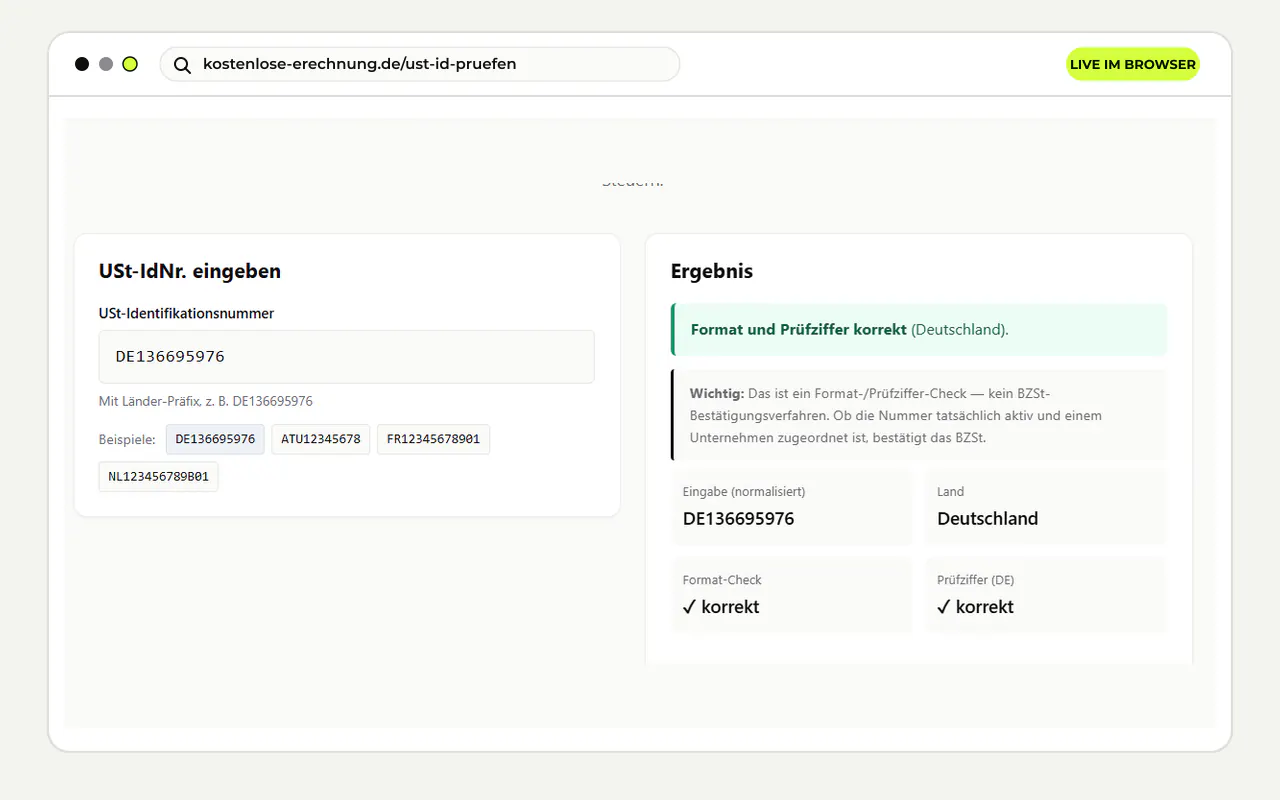 Echter Screenshot des USt-IdNr.-Formatprüfers mit gültiger deutscher Prüfziffer
